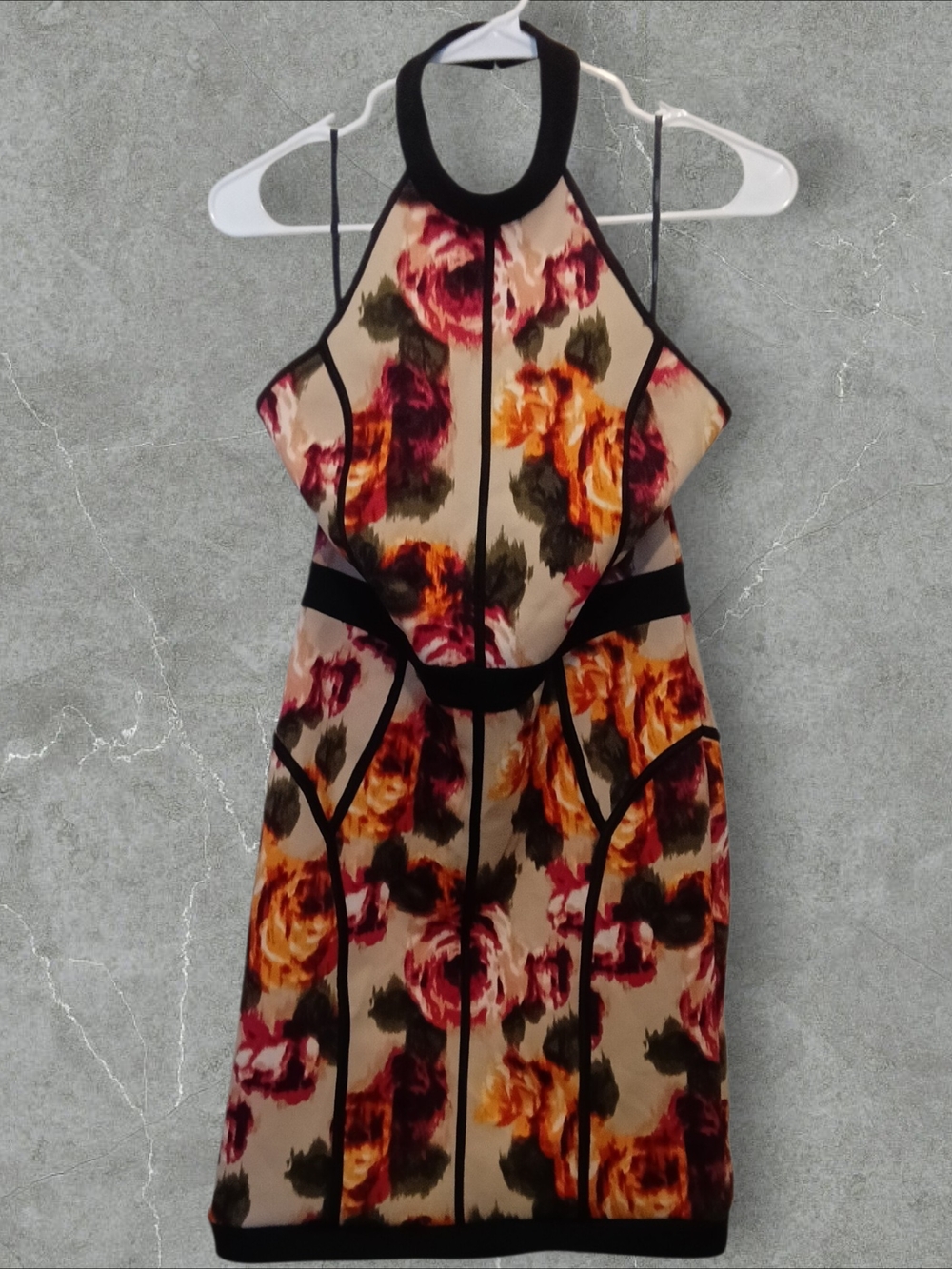 Forever 21 Beige Floral Halter Mini Dress with Black Trim